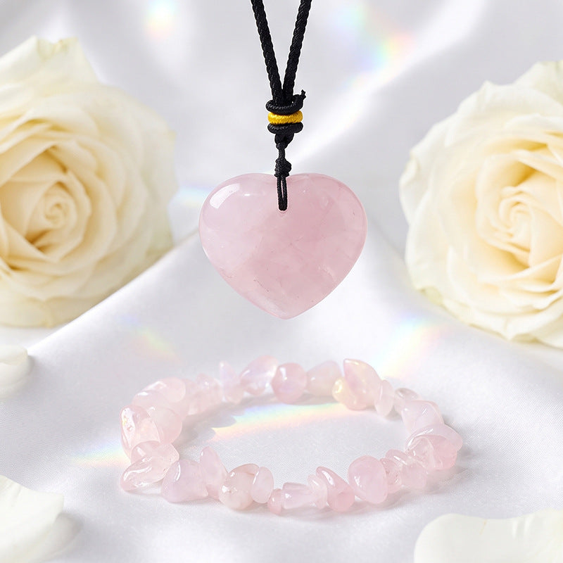 Stone Pendant Necklace & Chip Bracelet Set · Heart & Carved Styles — Rose Quartz Heart Pendant & Chip Bracelet