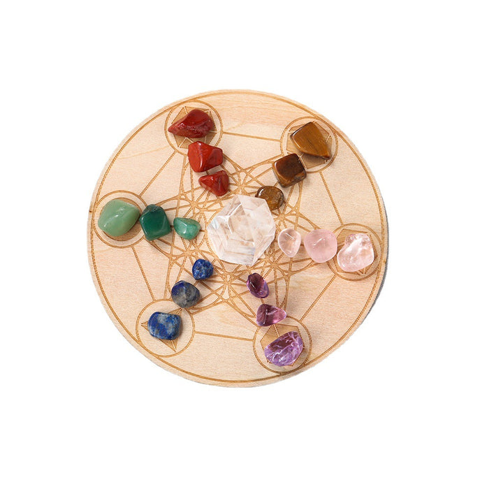 Wooden Crystal Grid Tray Set | White Crystal Point & Mixed Stones