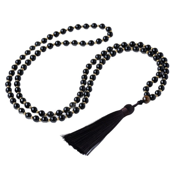 108-Bead Obsidian & Tiger Eye Tassel Strand · Wrap Style