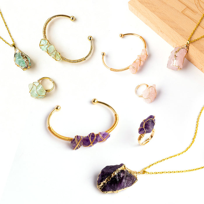 Raw-Style Stone Jewelry Set · Necklace, Ring & Open Bangle