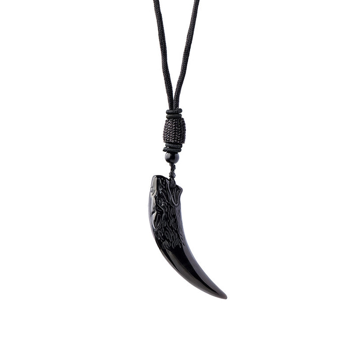 Obsidian Wolf Head Curved Pendant Necklace | Black or Brown Cord