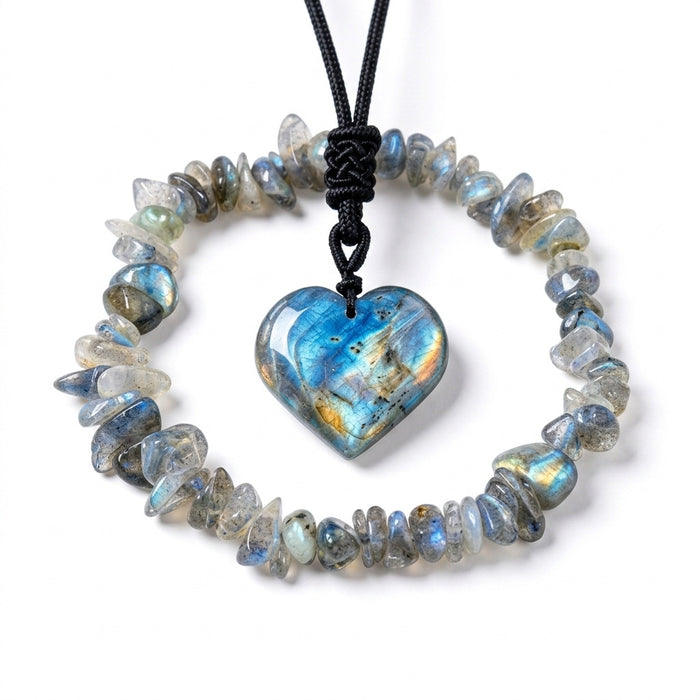 Stone Pendant Necklace & Chip Bracelet Set · Heart & Carved Styles