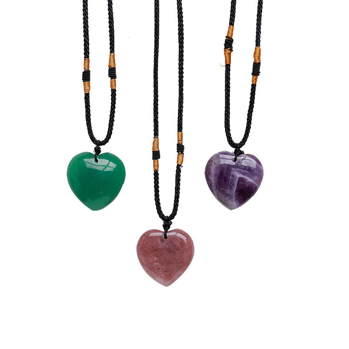 Heart-Shaped Stone Cord Necklace — 25 Material Options, Approx. 3 cm
