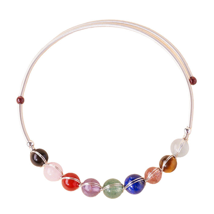 Nine-Color Stone Bead Bracelet · Silver-Tone Band
