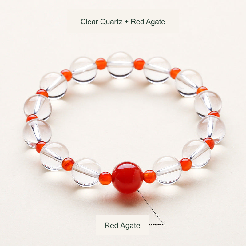 Clear quartz and red agate supplier-described bracelet with large red focal bead