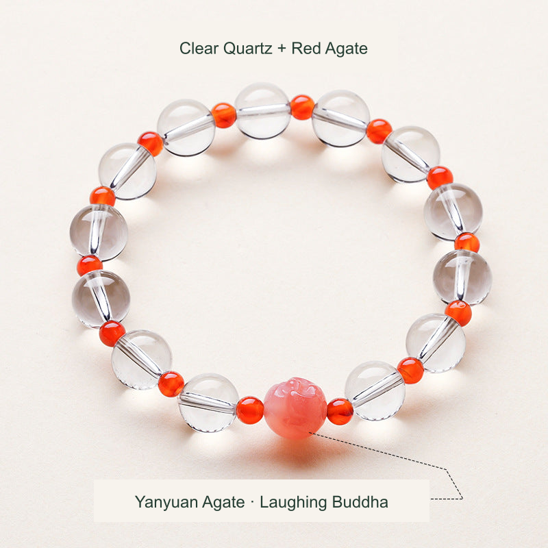 Clear quartz and supplier-described Yanyuan agate Laughing Buddha focal bracelet