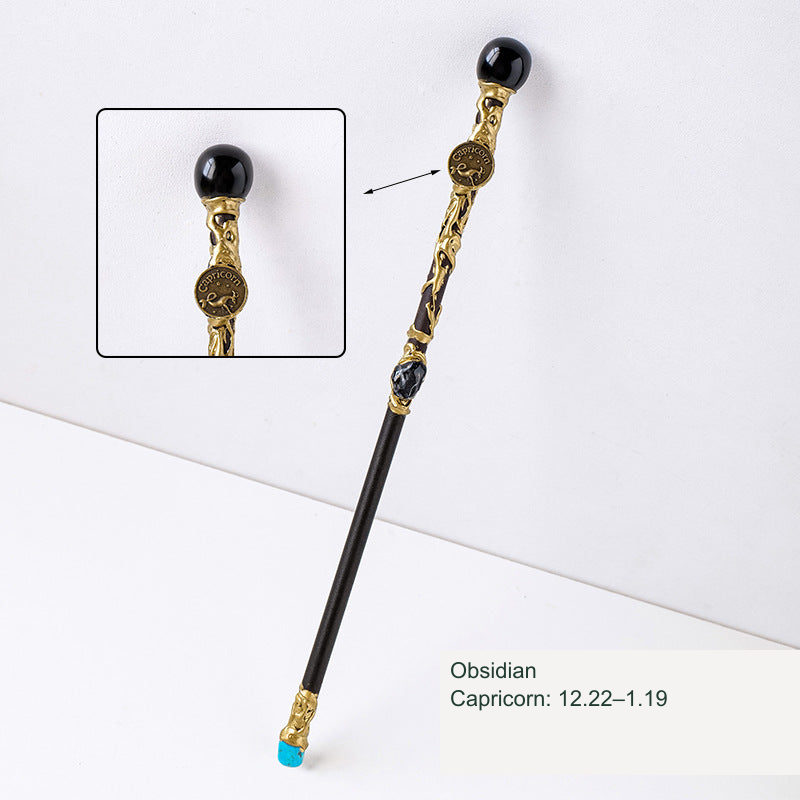 Actual zodiac wand; original stone and engraving retained, equivalent English source label