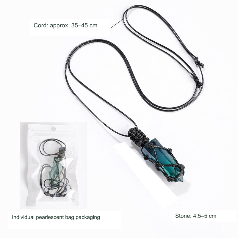 Actual woven fluorite necklace with English dimensions and bag reference