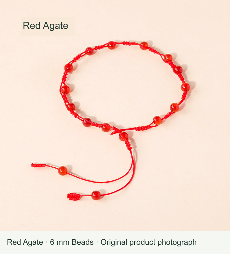 Red Agate woven cord anklet, original photo with English material label and 6 mm bead reference