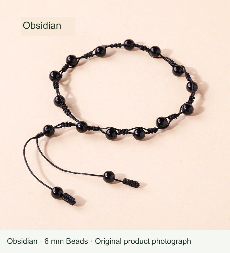 Obsidian woven cord anklet, original photo with English material label and 6 mm bead reference