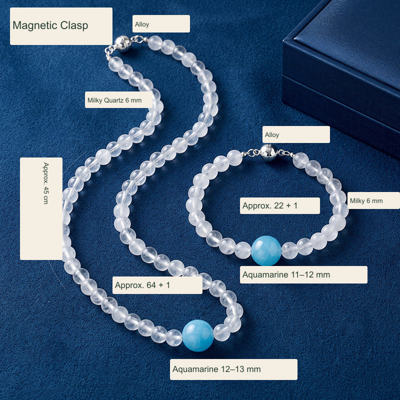 Original quartz and aquamarine magnetic clasp jewelry photograph with English measurements