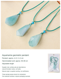 Actual geometric aquamarine necklace SKU; all source sizes and cord information translated; original packing example retained
