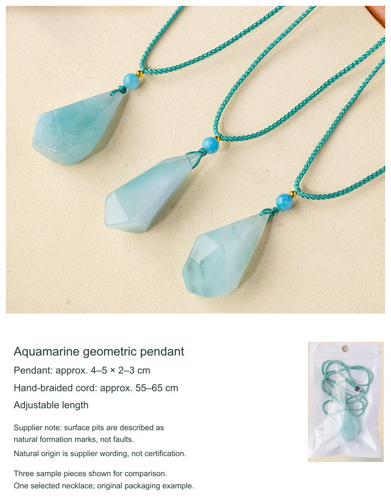 Actual geometric aquamarine necklace SKU; all source sizes and cord information translated; original packing example retained