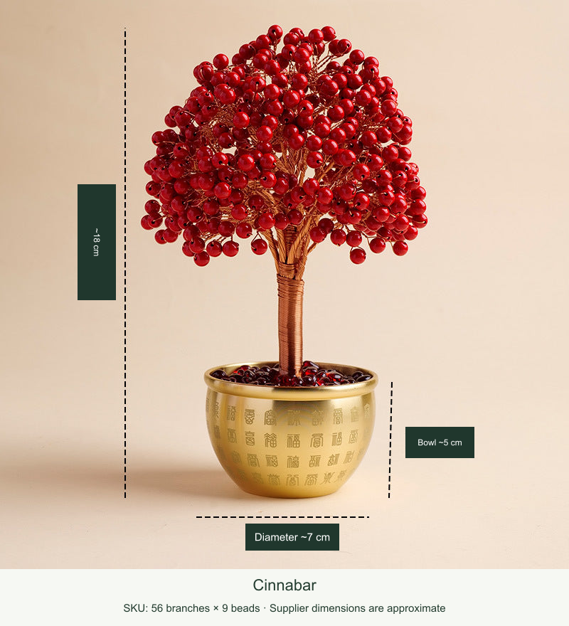 Original Cinnabar-labelled round-bead tree: English approximate dimensions preserved and footer accurately says beads rather than chips. Red beads, base, real blessing characters and wire unchanged.