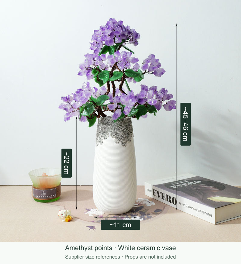 Amethyst point tree in white ceramic vase; original photo with English size reference