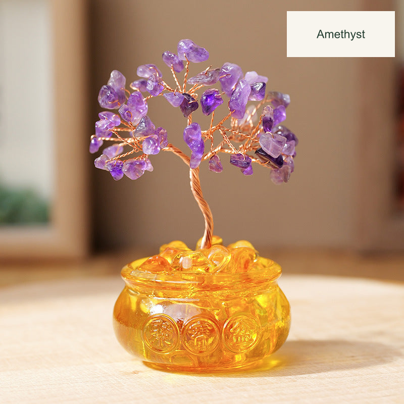 Original bowl or stone-base tree photograph with equivalent English material or size labels; actual color, stones and physical Chinese inscriptions retained