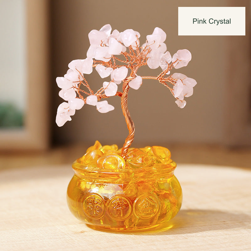 Original bowl or stone-base tree photograph with equivalent English material or size labels; actual color, stones and physical Chinese inscriptions retained