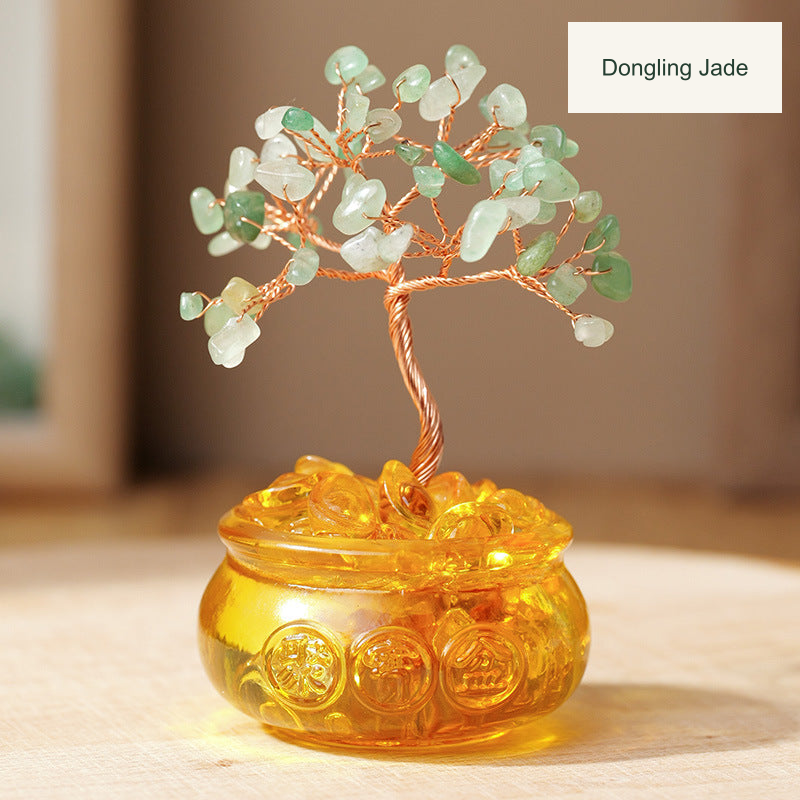 Original bowl or stone-base tree photograph with equivalent English material or size labels; actual color, stones and physical Chinese inscriptions retained