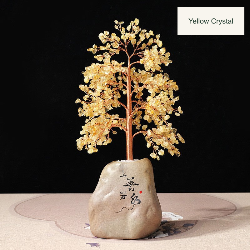 Original bowl or stone-base tree photograph with equivalent English material or size labels; actual color, stones and physical Chinese inscriptions retained