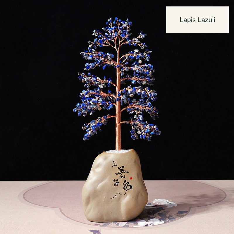 Original bowl or stone-base tree photograph with equivalent English material or size labels; actual color, stones and physical Chinese inscriptions retained