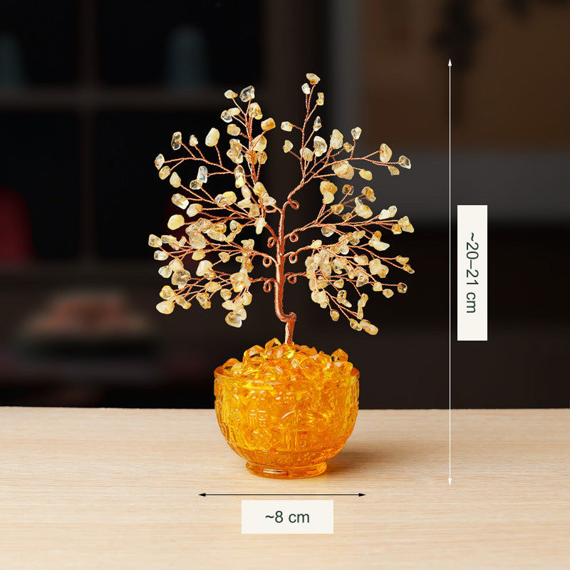 Original bowl or stone-base tree photograph with equivalent English material or size labels; actual color, stones and physical Chinese inscriptions retained