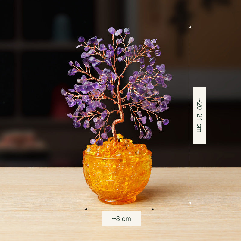 Original bowl or stone-base tree photograph with equivalent English material or size labels; actual color, stones and physical Chinese inscriptions retained