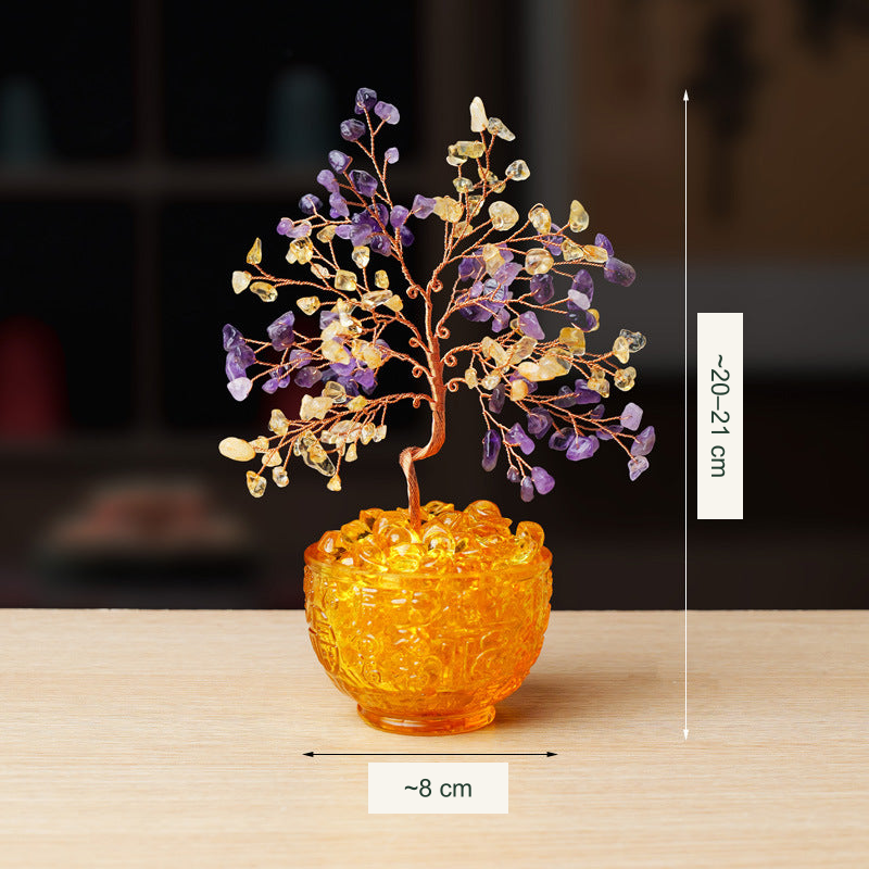 Original bowl or stone-base tree photograph with equivalent English material or size labels; actual color, stones and physical Chinese inscriptions retained
