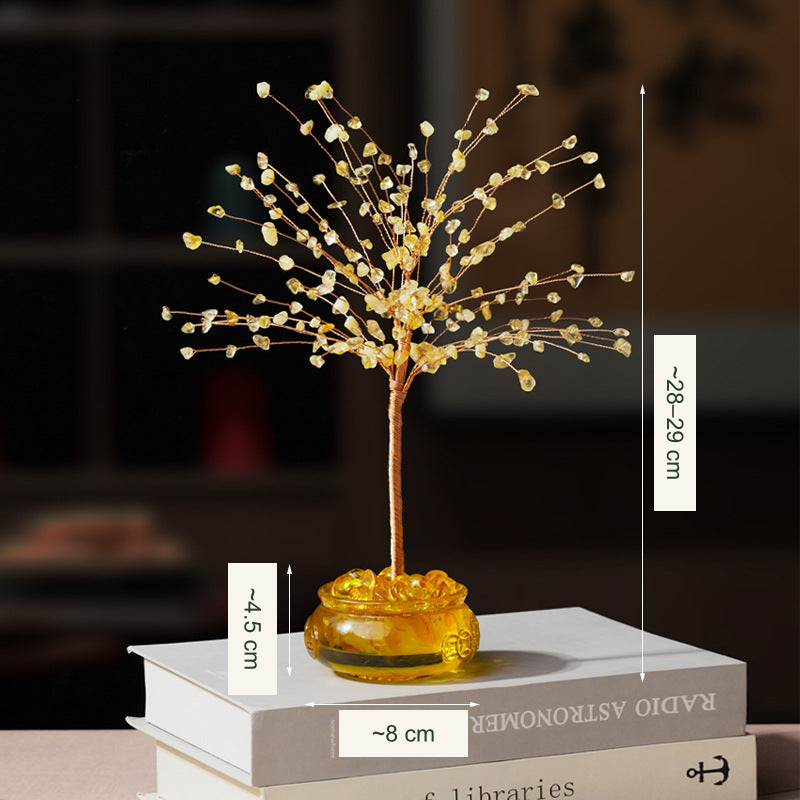 Original bowl or stone-base tree photograph with equivalent English material or size labels; actual color, stones and physical Chinese inscriptions retained