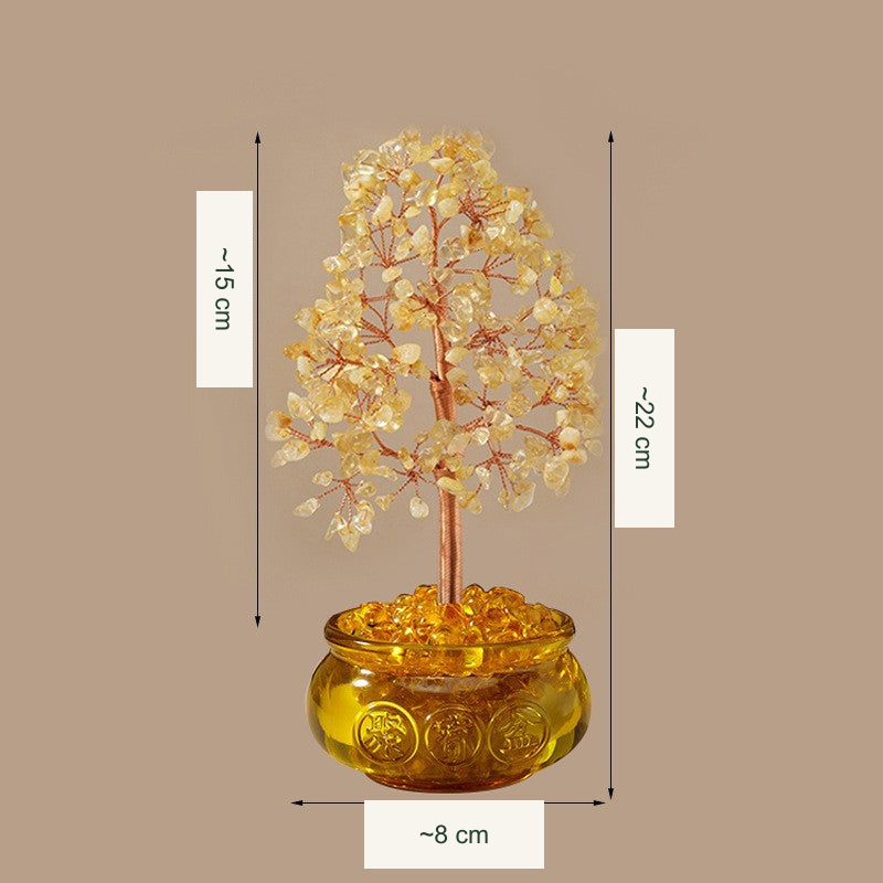 Original bowl or stone-base tree photograph with equivalent English material or size labels; actual color, stones and physical Chinese inscriptions retained