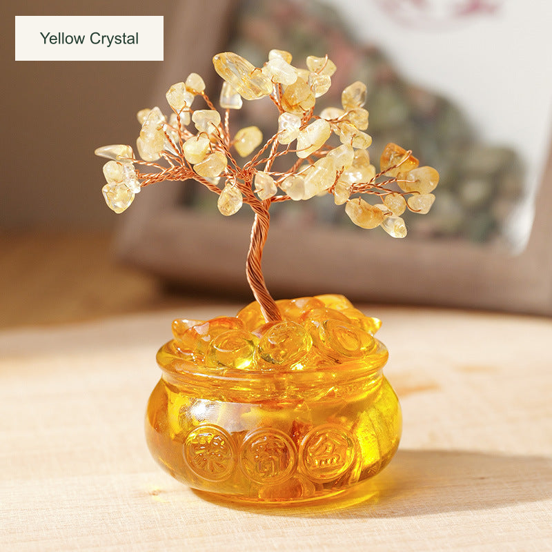 Original bowl or stone-base tree photograph with equivalent English material or size labels; actual color, stones and physical Chinese inscriptions retained