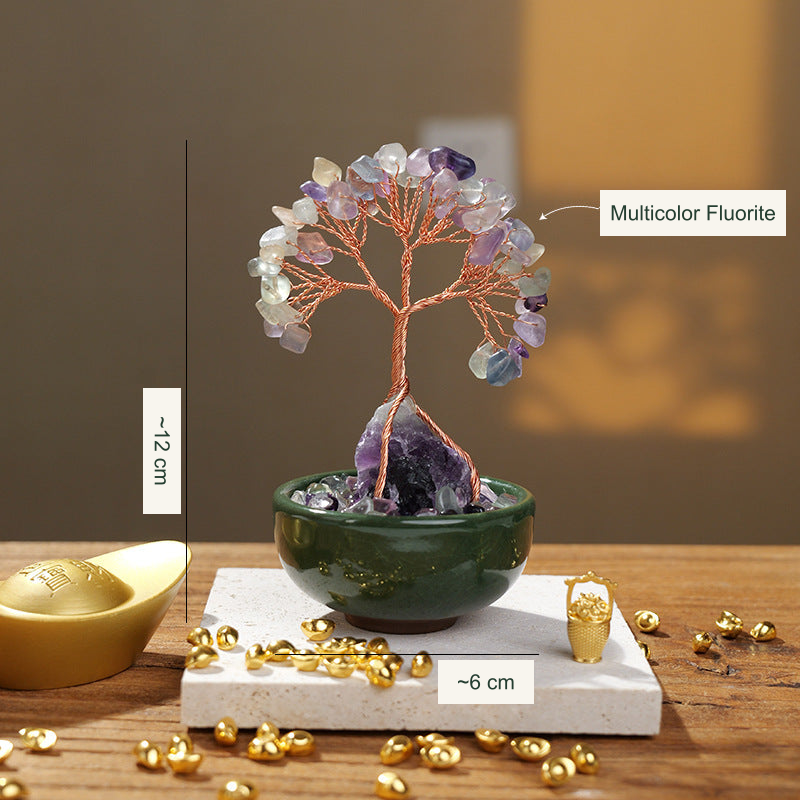 Bowl-base stone tree original photograph; Chinese material and approximate size labels translated into English; real stones and bowl preserved