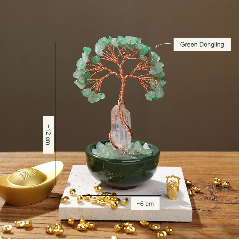Bowl-base stone tree original photograph; Chinese material and approximate size labels translated into English; real stones and bowl preserved