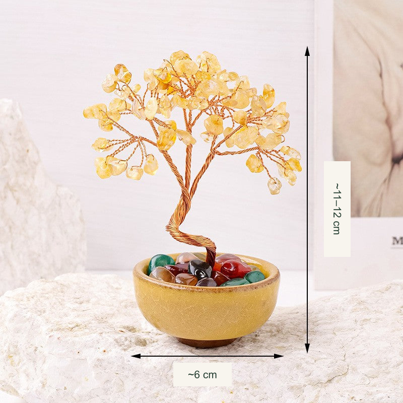 Bowl-base stone tree original photograph; Chinese material and approximate size labels translated into English; real stones and bowl preserved