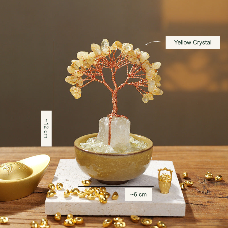 Bowl-base stone tree original photograph; Chinese material and approximate size labels translated into English; real stones and bowl preserved