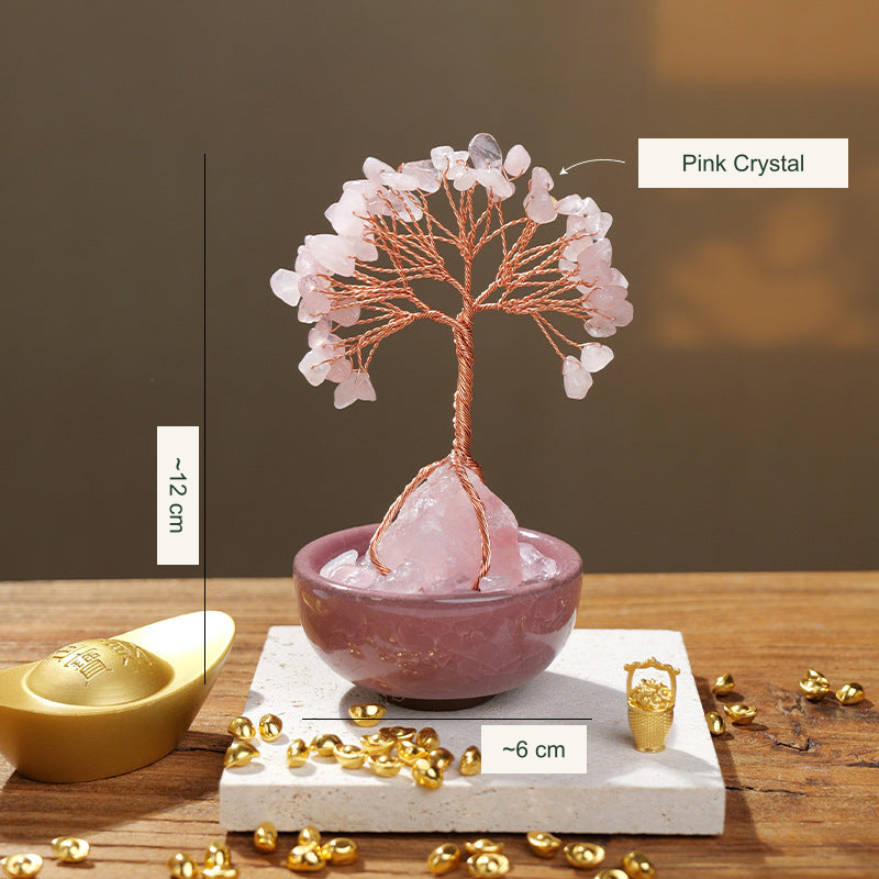 Bowl-base stone tree original photograph; Chinese material and approximate size labels translated into English; real stones and bowl preserved