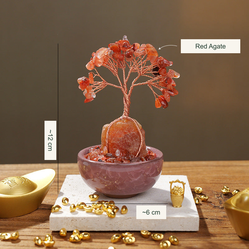 Bowl-base stone tree original photograph; Chinese material and approximate size labels translated into English; real stones and bowl preserved