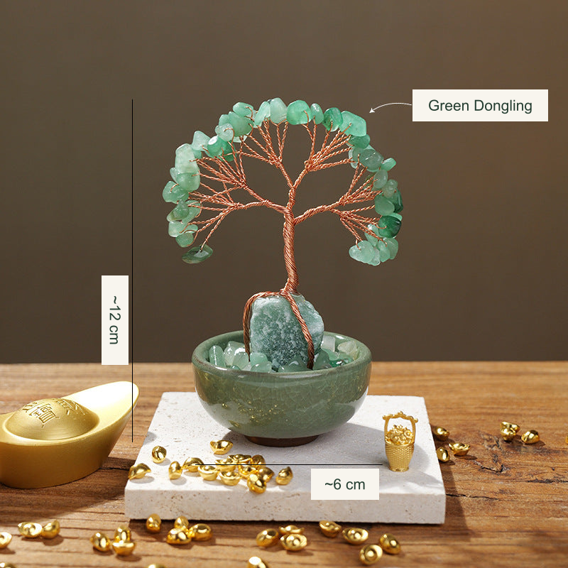 Bowl-base stone tree original photograph; Chinese material and approximate size labels translated into English; real stones and bowl preserved