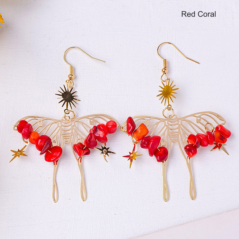 Red Coral butterfly chip earrings; English label