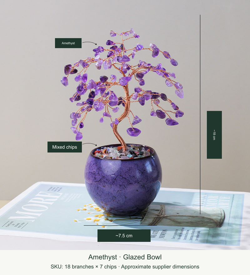 Amethyst · 18 Branches × 7 Chips — actual product with English dimensions