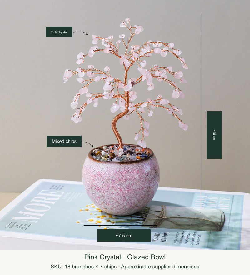 Pink Crystal · 18 Branches × 7 Chips — actual product, English dimensions