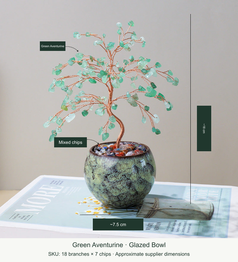 Green Aventurine · 18 Branches × 7 Chips — actual product, English dimensions