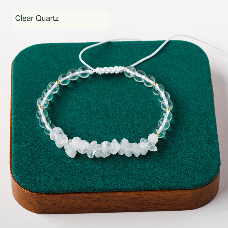 Clear Quartz bead and chip cord bracelet English labels