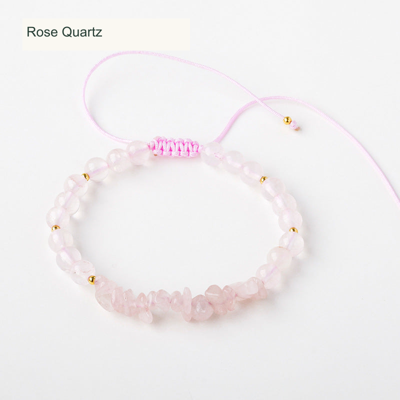 Rose Quartz bead and chip cord bracelet English labels