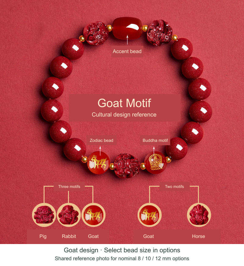 Goat Chinese zodiac bracelet design, English cultural motif references and shared bead-size photo
