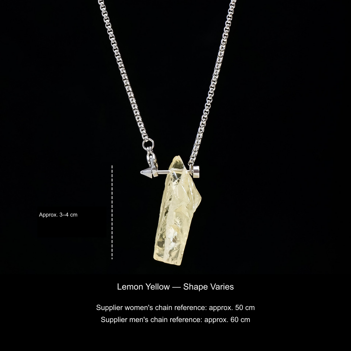 Original stone and Cupid-arrow necklace photograph; English supplier material, size and50/60cm chain references.