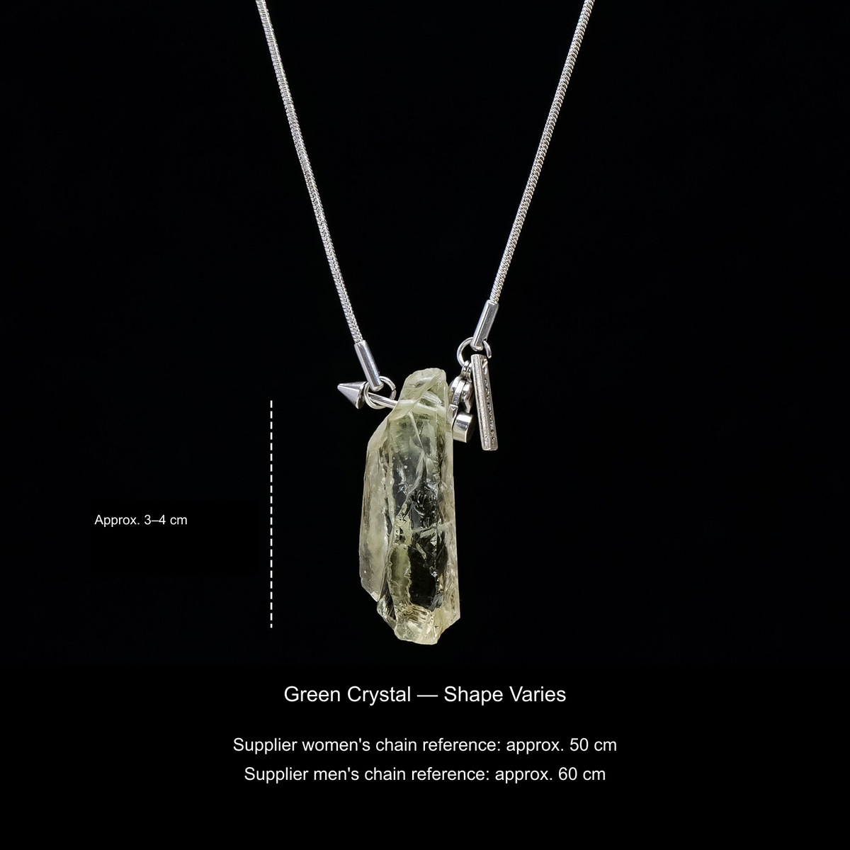 Original stone and Cupid-arrow necklace photograph; English supplier material, size and50/60cm chain references.
