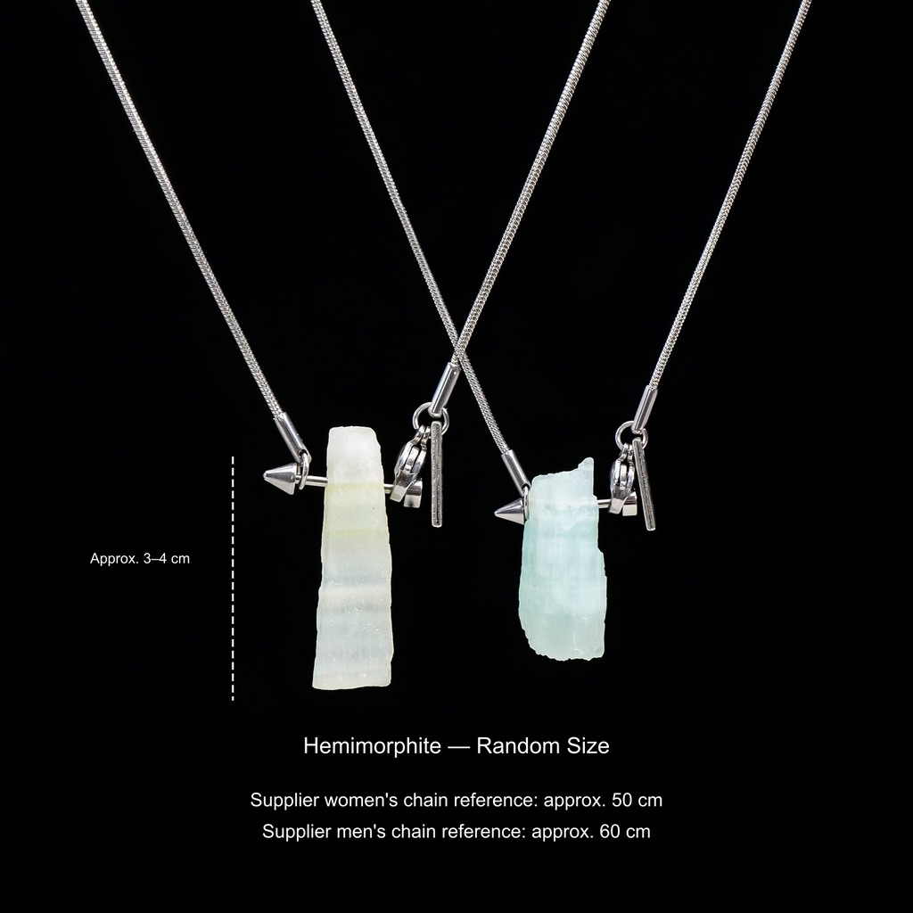 Original stone and Cupid-arrow necklace photograph; English supplier material, size and50/60cm chain references.