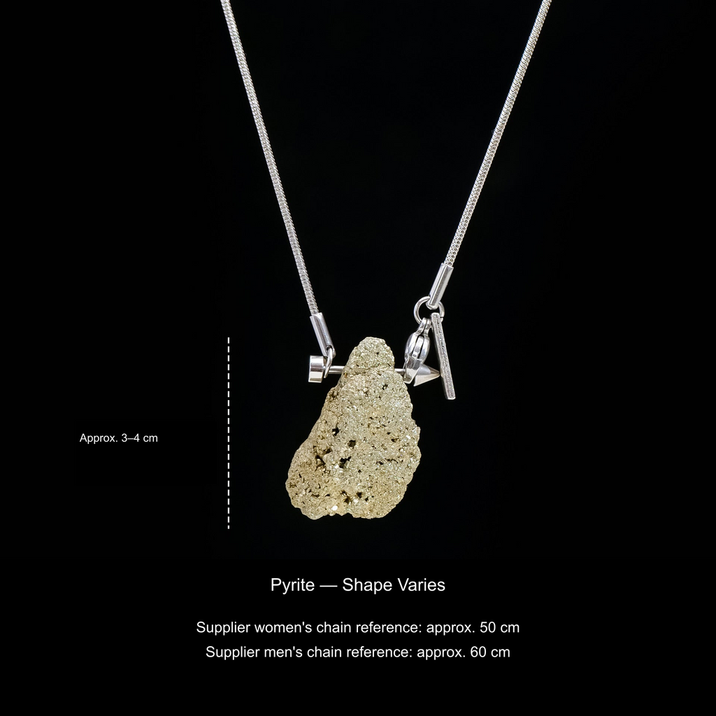 Original stone and Cupid-arrow necklace photograph; English supplier material, size and50/60cm chain references.