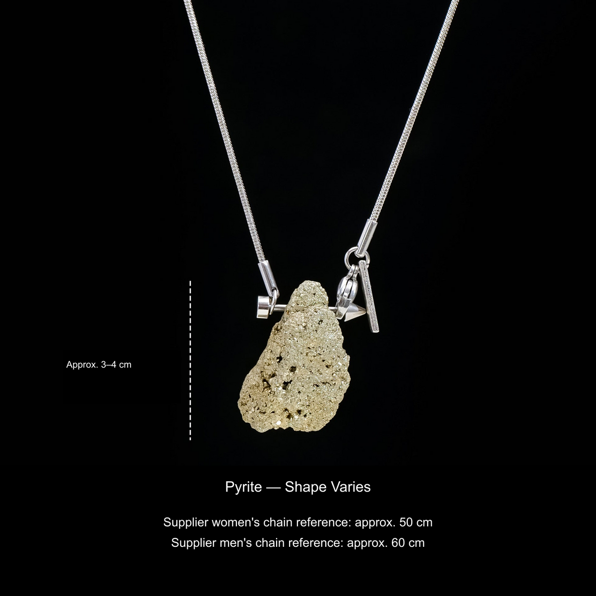 Original stone and Cupid-arrow necklace photograph; English supplier material, size and50/60cm chain references.