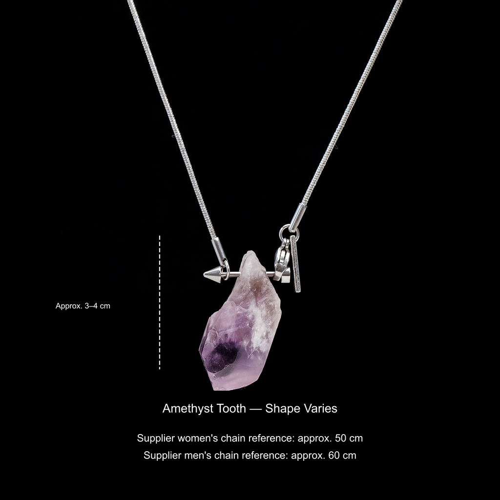 Original stone and Cupid-arrow necklace photograph; English supplier material, size and50/60cm chain references.